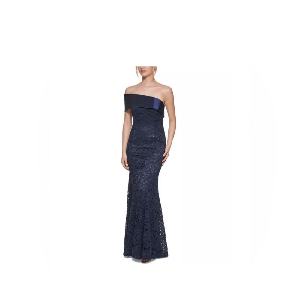 Eliza J One Shoulder Navy Lace Gown